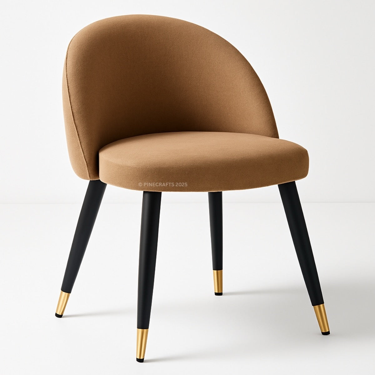 Brown chair with black legs and gold foot caps on a white background